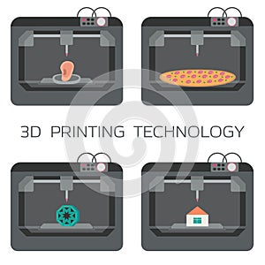 3D printing technology. 3d printing house, bodies, pizza, plastic models. 3 D printer.