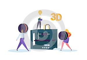 3D Printing Technology Concept. 3D Printer Equipment with Flat People Characters and Computer. Engineering Prototyping