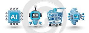 3D processor, mini robot, shopping cart with numbers, electronic circuit integrated into brain