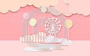 3d product podium, pastel color background, clouds, weather with empty space for kids or baby product