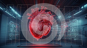 3D projection of a human heart, displaying the network of arteries, veins, and chambers in detail