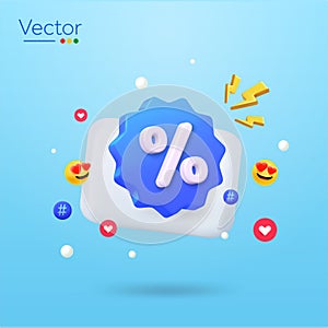 3d promotion on social media banner concept with percentage icon, chat box, emoticons. 3d rendered livestream icon