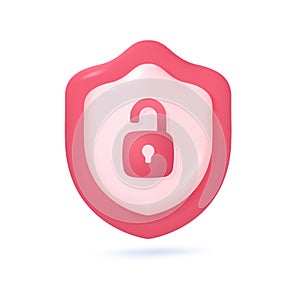 3D protective shield. Shield with padlock. Concepts for preventing data theft while using the internet. 3D vector Illustration