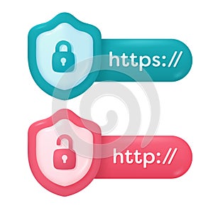 3D protective shield. Shield with padlock. Concepts for preventing data theft while using the internet. 3D vector Illustration