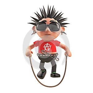 3d punk rock cartoon character skipping with a skipping rope, 3d illustration