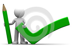 3d puppet with pencil and greencheck mark