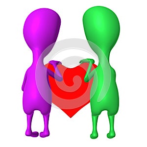 3d puppet share heart together from behind