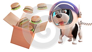 3d puppy dog in astronaut spacesuit watching cheeseburgers spill from a cardboard box in zero gravity, 3d illustration