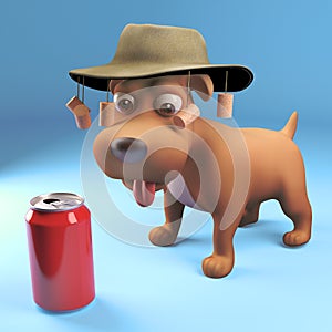 3d puppy dog characte wearing Australian bush hat looking at a soda can drink, 3d illustration