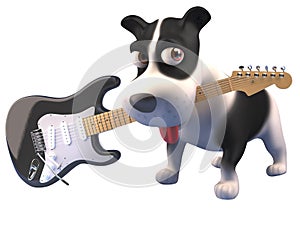 3d puppy dog character holding an electric guitar in its mouth, 3d illustration