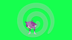 3D purple animated talking cat closing the box from front angle on green screen 3D people walking background chroma key Visual eff