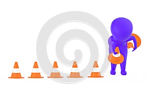3d purple character clearing or putting traffic cones concept