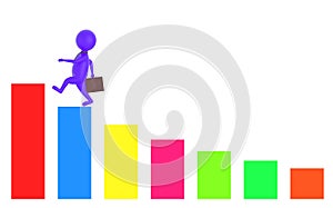 3d purple character holding a briefcase and wallking on the top of a increasng statitics bar graph