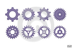 3D purple Gear icon set. Transmission cogwheels and gears are isolated on white background. Purple Machine gear, setting symbol,