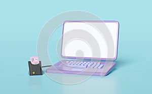 3d purple laptop computer with smart card reader, external USB card reader, Id card icon isolated on blue background. 3d render