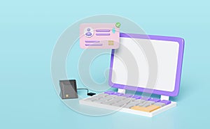 3d purple laptop computer with  smart card reader, external USB card reader, Id card, WiFi icon isolated on blue background. 3d