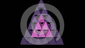 3d purple pyramids abstract video logotype, triangle composed from pyramids, rotating, zooming on black background,