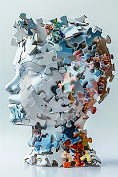 3D puzzle sculpture of a human head exploding into pieces on white.