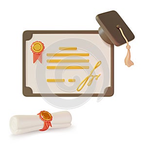 3d Quality Guarantee Concept Certificate or Diploma Stamped with Medal Cartoon Style. Vector