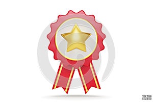 3D quality guarantees a medal with a star and ribbon. Red badge warranty icon with ribbon isolated on white background. Realistic