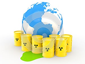3d radiation symbol barrels and earth globe