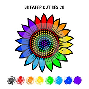 3D rainbow Sunflower. Vector paper or laser cut template. Flower silhouette