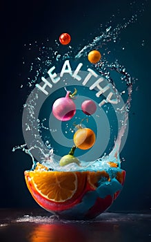 A 3D Rainbow of Water splash Fresh vegetarian Healthy Foods from veggies to fruits.