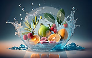 A 3D Rainbow of Water splash Fresh vegetarian Healthy Foods from veggies to fruits.