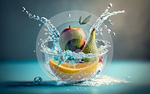 A 3D Rainbow of Water splash Fresh vegetarian Healthy Foods from veggies to fruits.