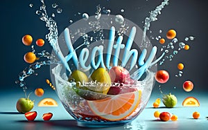 A 3D Rainbow of Water splash Fresh vegetarian Healthy Foods from veggies to fruits.