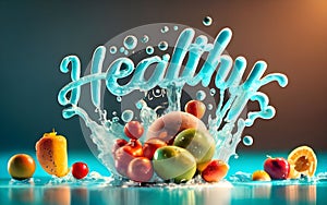 A 3D Rainbow of Water splash Fresh vegetarian Healthy Foods from veggies to fruits.