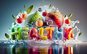 A 3D Rainbow of Water splash Fresh vegetarian Healthy Foods from veggies to fruits.