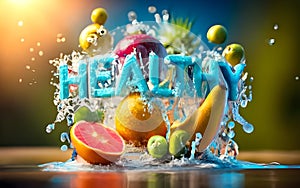 A 3D Rainbow of Water splash Fresh vegetarian Healthy Foods from veggies to fruits.