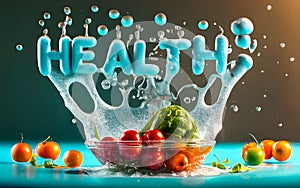 A 3D Rainbow of Water splash Fresh vegetarian Healthy Foods from veggies to fruits.