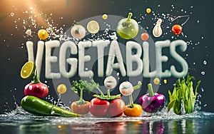 A 3D Rainbow of Water splash Fresh vegetarian Healthy Foods from veggies to fruits.