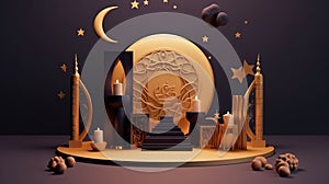 3D Ramadan evening concept scene with crescent moon decor on podium, Quran book, rosary, and polyhedron shapes