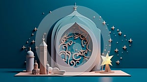 3D Ramadan evening concept scene with crescent moon decor on podium, Quran book, rosary, and polyhedron shapes