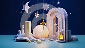 3D Ramadan evening concept scene with crescent moon decor on podium, Quran book, rosary, and polyhedron shapes