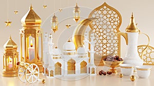 3d Ramadan Kareem podium with golden moon star and lantern, mosque door islamic pattern, arabic coffee pot, date palm fruit,