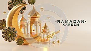 3d Ramadan Kareem podium with golden moon star and lantern, mosque door islamic pattern, arabic coffee pot, date palm fruit,