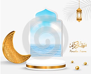 3d ramadan kareem white background sea  landscape Translation of text : Ramadan Kareem with golden lamp tropical leaf and podium