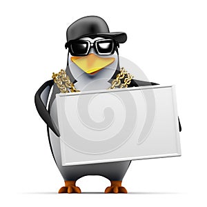 3d Rapper penguin holds a banner