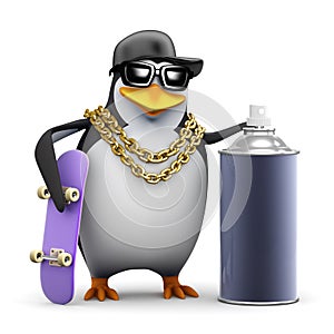 3d Rapper penguin with skateboard and paint