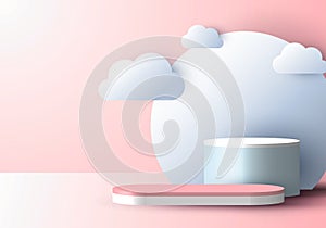 3D realistic abstract minimal scene empty podium display with cloud paper cut style on soft pink background