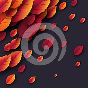 3d realistic autumn fall leaves. Autumnal background in dark colors. Design for web, print, wallpaper, vector