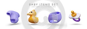 3d realistic baby items set. Bodysuit, plastic pacifier and diaper