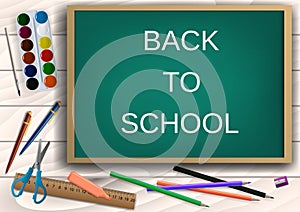 3D Realistic Back to School Title Poster Design in a Blackboard with School Items. Editable Vector Illustration.