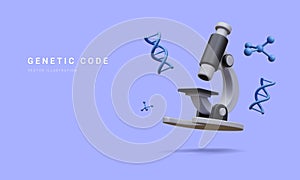3d realistic banner with microscope, molecules and dna isolated on blue background. Medicine, biology, chemistry and science