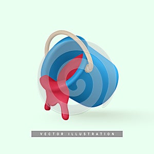 3d realistic blue bucket of red paint in cartoon style. Vector illustration