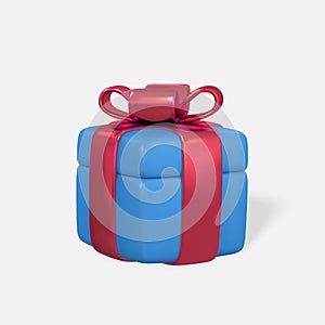 3D realistic blue gift box with red bow. Paper box with ribbon and shadow isolated on white background. Vector illustration